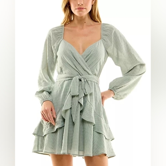 NWOT Trixxi Green Sage Belted Ruffled Chiffon Skater Dress XL Boho - Picture 1 of 12